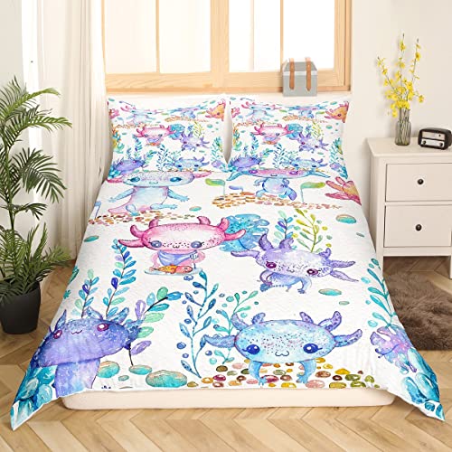 Sunnybed Cartoon Axolotl Trösterbezug für Kinder Jungen Mädchen Kleinkinder, Kawaii Bettwäsche Set Ocean Sealife Reptilien Fisch Bettbezug Süße Seegras Küsten Tagesdecke Reißverschluss, 135x200, Lila von Sunnybed