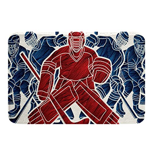 Sunnybed Eishockey Fußmatte 16 "X 24",Cartoon Hockey Player Group Rutschfester Badteppich Winter Eissport Fleece Badematte Für Jungen Kinder Teens Rot Blau Ice Puck Helm Saugfähiger Teppich Teppich von Sunnybed