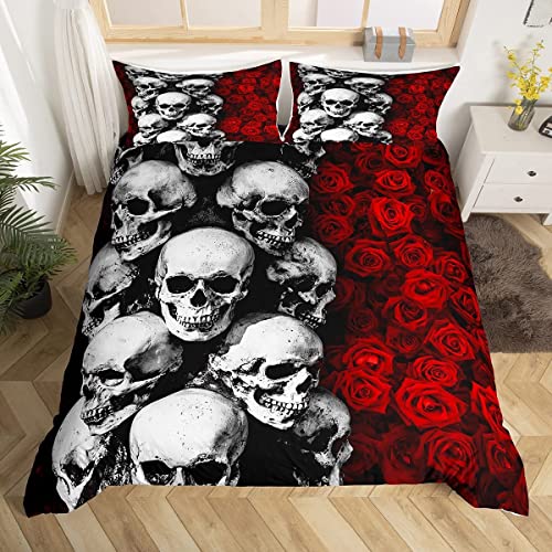 Floral Totenkopf Bettbezug Rote Rose Zuckerschädel Bettbezug Set für Kinder Jungen Mädchen Gothic Totenkopf Bettwäsche Sets Skelett Knochen Hipster Bettbezug mit 1 Kissenbezugn 135x200 Halloween von Sunnybed