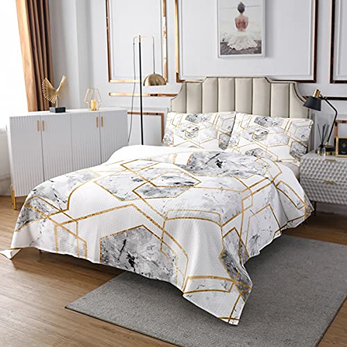 Gold Hexagon Geometrie Tagesdecke Set Waben Tagesdecke für Kinder Jungen Teens,graue Marmorierung Tagesdecke Bienenstock Marmorkorn Chic Kreatives Zuhause Schlafzimmer Dekor 220x240 von Sunnybed