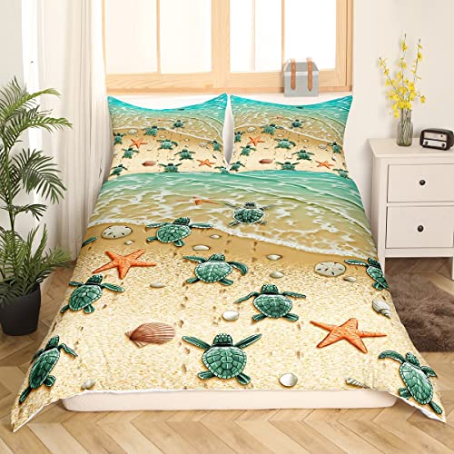 Sunnybed Grüne Meeresschildkröte Trösterbezug Ozean Hawaii Strand Tropisches Bettwäsche Set für Teens Jungen,Schildkröte Bettbezug Seestern Muschel Küsten Bettbezug Meerestier Zimmer Dekor 135x200 von Sunnybed