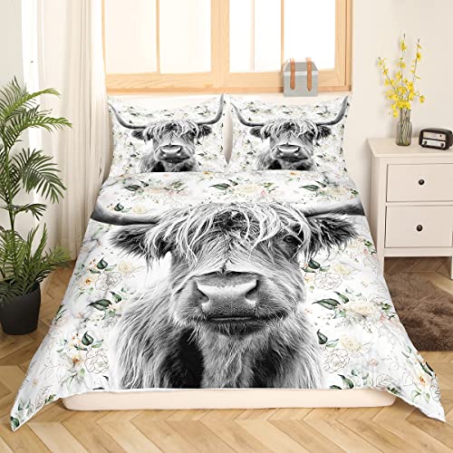 Highland Kuh Bettbezug 2 Stücke Schlafzimmer Dekor,135x200 Stier Rinder Bettbezug für Kinder Jungen Mädchen Rustikal Botanisch Rose Bettbezug Atmungsaktiv Wildlife Farmhouse Kuh Bettwäsche Set Ultra von Sunnybed