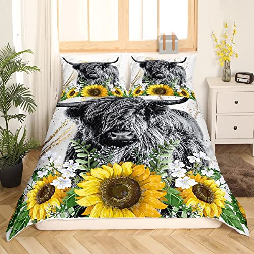 Highland Kuh Tröster Bezug Sonnenblumen Bettwäsche Sets Gold Glitter Marmor Bettdecken Set Für Jungen Mädchen Highland Kuh lustige Tiere Kuhboy Western Rustikale Tagesdecken Bezug 2 Stücke 135x200 von Sunnybed