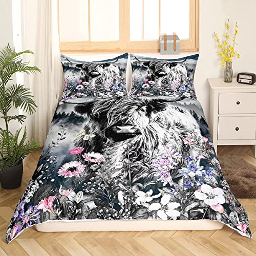 Sunnybed Hochland Kuh Flower Trösterbezug 155x220 Bull Cattle Smoky Mountain Bettwäsche Set Western Lustige Tier Bettbezug Wildlife Bauernhaus Kuh Bett Set Grau Pineforest Schlafzimmer Dekor von Sunnybed