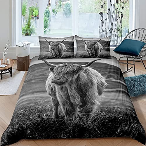 Sunnybed Hochlandkuh Bettbezug, Grau Rinder Bettwäsche Set,Bauernhaus Milch Kuh Trösterbezug,Wildtiere Tagesdecke Abdeckung Schlafzimmer Wohnzimmer Dekor Set,Grau, Muster-14, 135*200+80*80*1 von Sunnybed