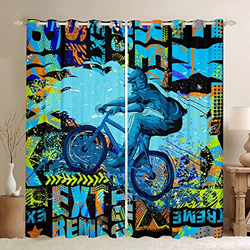 Jungen Dirt Bike Vorhangplatten Mountainbike Racer Fenstervorhänge Extremsport Gaming Fenstervorhänge für Kinder Teen Jugend Mountain Buggy Fahrer Fensterbehandlungen Wohnzimmer Dekor 46 "X 54" von Sunnybed