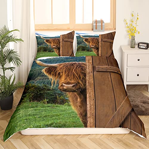 Jungen Highland Kuh Bettbezug 135x200,Bull Rinder Bettbezug für Kinder Mädchen,Holz Scheunentor Berglandschaft Bettwäsche Set Ultraweich,Western Lustige Tier Bettbezug Reißverschluss,Grün Braun von Sunnybed