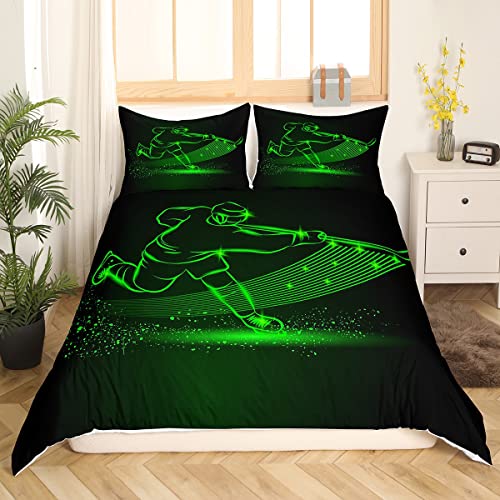 Jungen Hockeyspieler Bettwäsche Set 135x200,Teens Hockeyschläger und Puck Bettdecke mit 1 Kissenbezug,Cartoon Eishockey Bettbezug Weich,Wintersport Glitzer Geometrische Tagesdecke,Grün Schwarz von Sunnybed