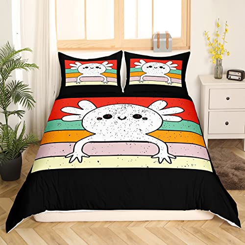 Kawaii Axolotl Bettwäsche Set Cartoon Walking Fish Bettbezug 200X200, schöner Regenbogen gestreifter Axolotl Trösterbezug Ozean Reptil Bett Sets nur für Mädchen liebt Axolotl Schlafzimmer Dekor von Sunnybed