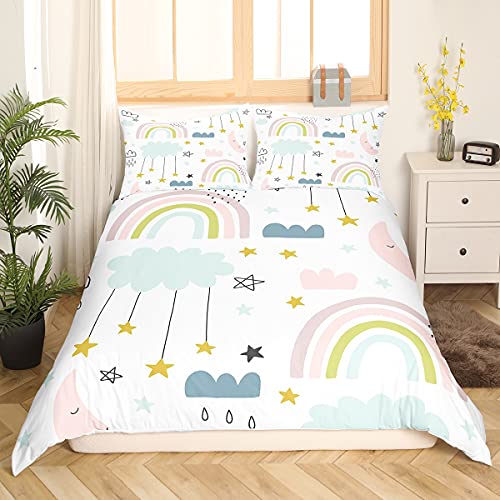 Sunnybed Kawaii Regenbogen-Bettwäsche-Set, Süße Wolken, Sterne, Regenbogen-Dekor, Bettbezug Für Kinder, Mädchen, Schillernder Druck, 135*200+80*80*1 von Sunnybed