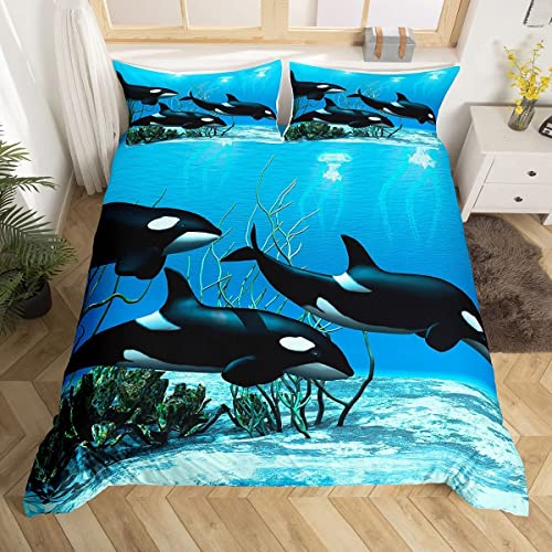 Killerwal Bettwäsche Sets Orcinus Orcas Trösterbezug Die Unterwasserwelt Quallen Bettbezug Set für Kinder Jungen Mädchen Tiefseetiere Marine Life Bettbezug 2 Stücke Kinderzimmer Dekor 155x220 von Sunnybed