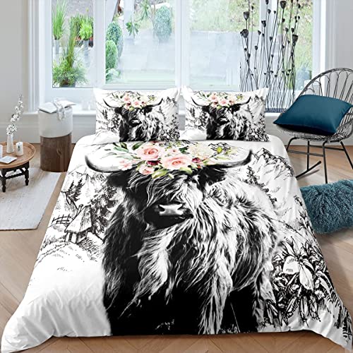 Kinder Highland Cattle Bettbezug,Bull Cattle Kuh Bettwäsche Set Western Kuhboy Trösterbezug 155x220 für Jungen Teens Erwachsene Schlafzimmer,Flower Mountain Farmhouse Bettbezug mit 1 Kissenbezugn von Sunnybed