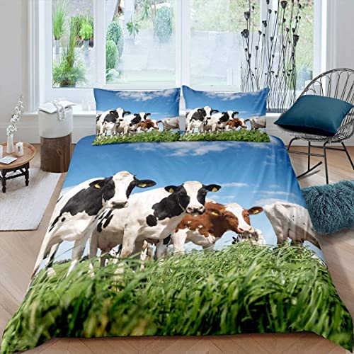 Sunnybed Kuh Print Bettbezug Set 135x200 für Kid Teen,Animal Kuh Pattern Bettwäsche Set 3D Farm Animals Dekoratives 2 Stücke Bettwäsche Set mit 1 Kissenbezug,Schwarz Weiß Braun Blau von Sunnybed