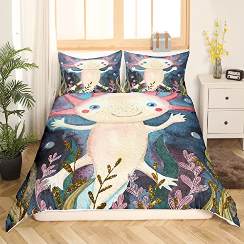 Sunnybed Niedliche Axolotl Kawaii Bettwäsche Set Cartoon Walking Fish Bettbezug Unterwasserwelt, Schöne Bettdecke Ozean Reptilien Bettsets Nur für Mädchen liebt Dekor, Multi 117, 135*200+80*80*1 von Sunnybed