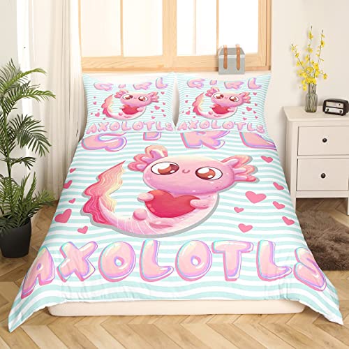 Niedliches Axolotl Kawaii Bettwäsche Set Cartoon Walking Fish Bettbezug 135x200,Schöner Pastellrosa Axolotl Trösterbezug Ozean Reptilien Bettsets Nur für Mädchen liebt Axolotl Schlafzimmer Dekor von Sunnybed