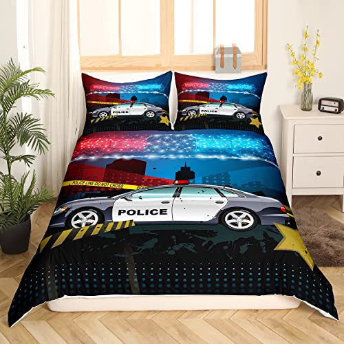 Sunnybed Polizeiauto Bettbezug Cartoon Polizei Bettwäsche Set für Teenager Jungen,Polizist Fahrzeug Auto Rot Blau Polizist Lichter LKW Notfall Stroboskop Licht Schlafzimmer Dekor 135x200 von Sunnybed