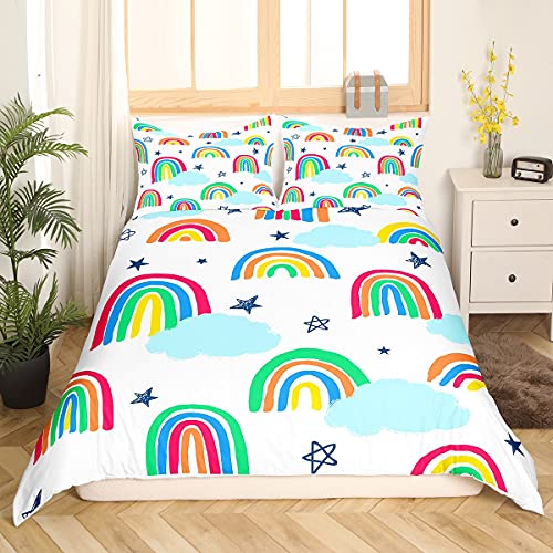 Regenbogen-Bettwäsche-Set, 135x200 Niedliches Schillerndes Sternenmuster, Bettbezug Für Kinder Cartoon-Regenbogen-Bettbezug, Handgezeichnet, Bunte Streifen, Tagesdecke, Kawaii-Raumdekoration von Sunnybed