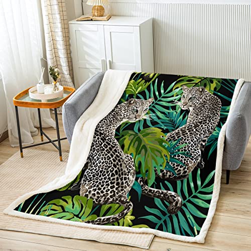 Sunnybed 3D Cheetah Bettdecke 150x200,Leopard Print Decke Tropische Palmblätter Fleecedecke Big Cat Wildlife Botanische Flanelldecke Wild Animal Room Decor,Grün von Sunnybed