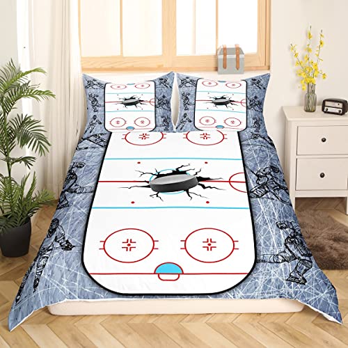 Sunnybed Eishockey Bettwäsche Set 200x200,Eishockey Trösterbezug für Jungen Kinder Teens Winterspiele Sport Bettbezug Eishockey Spieler Tagesdecke mit Reißverschluss 2 Kissenbezüge von Sunnybed