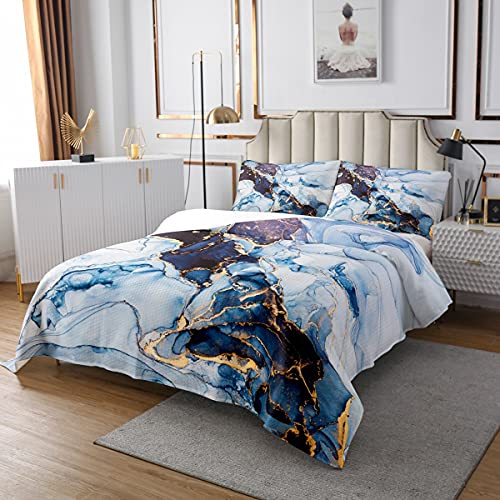 Sunnybed Flüssige Marmor Tagesdecke Hellblaue Marmor Korn Tagesdecke Marmormuster Gedruckte abstrakte Tagesdecke Gold Marmorierung Tagesdecke für Kind Teen Mädchen Pastell Zimmer Dekor,170x210 von Sunnybed