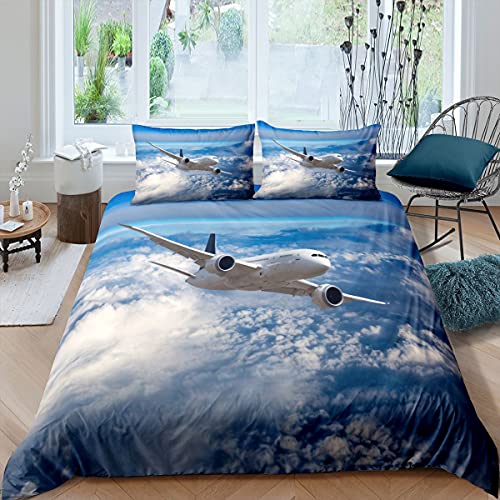 Sunnybed Flugzeug Bettwäsche Set 135x200 3D Luftfahrt Flugzeug Bettbezug Für Kinder Jungen Teens Mann Blauer Himmel Weiße Wolken Trösterbezug Weiche Mikrofaser Bettbezug Mit 1 Kissenbezug von Sunnybed