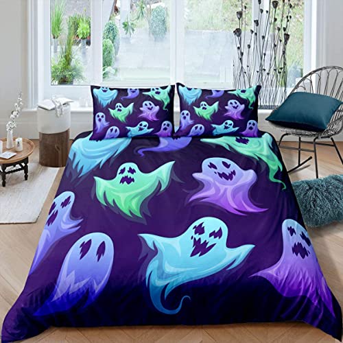 Sunnybed Gothic Bettbezug 135x200 Terror Spooky Bettwäsche Set für Jungen Teens Erwachsene Männer Halloween Horror Thema Bettbezug Blau und Lila Trösterbezug Dekorativer Raum von Sunnybed