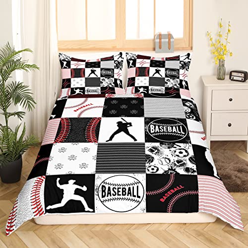 Sunnybed Kinder Baseball Bettbezug Softball Bettbezug Sportspiel Bettwäsche Set für Kinder Jungen Kleinkind Patchwork Tagesdecke Kuscheliger Bettbezug für Wohnzimmer Dekor,Rot Schwarz Grau 135x200 von Sunnybed