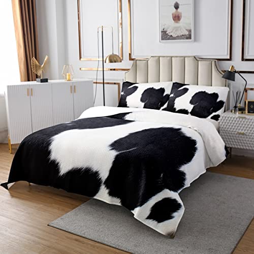 Sunnybed Kinder Kuh Tagesdecke 240X260,Kuhfell Bettdecke Set für Kinder Jungen Teens,Western Farmhouse Fell Tagesdecke Quilt Set Schwarz Weiß Tierhaut Stepp Country Rustikales Schlafzimmer Dekor von Sunnybed