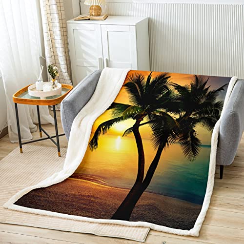 Sunnybed Ocean Beach Sherpa Decke 150x200 Palmenblätter Decke Natur Küsten Fleecedecke Für Kinder Jungen Mädchen Teens Gold Sonnenuntergang Gemütliche Plüschdecke Für Bettsofa Couch von Sunnybed