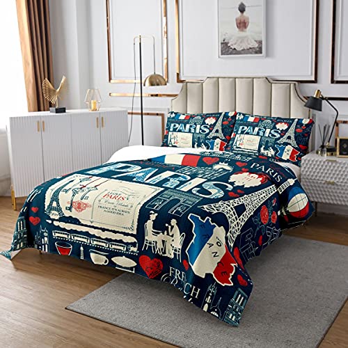 Sunnybed Paris Tagesdecke Eiffelturm von Frankreich Tagesdecke für Jungen Mädchen Jugend,Romantic City Building Bettdecke Set Rot Blau Tagesdecke Bonjour Paris Themen Schlafzimmer Dekor 240x260 von Sunnybed