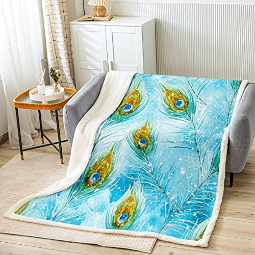 Sunnybed Pfauenfeder Decke 150x200 Boho Pfau Fleece Decke Für Kinder Mädchen Frauen Teal Tier Vogelfeder Sherpa Decke Blau Aquarell Tie Dye Plüschdecke Für Bett Sofa Couch von Sunnybed