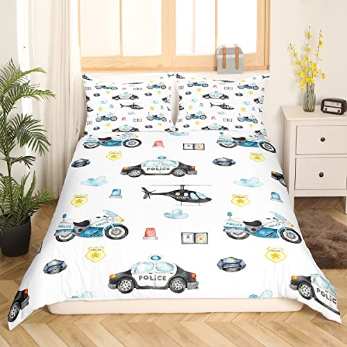 Sunnybed Polizei-Helikopter-Bettwäsche-Set, Polizei-Motorrad-Bettwäsche-Set, 135 x 200 Jungen-Polizei-Van-Bettwäsche-Set für Kinder, Teenager, Aquarell-Polizist, Fahrzeug, Auto von Sunnybed