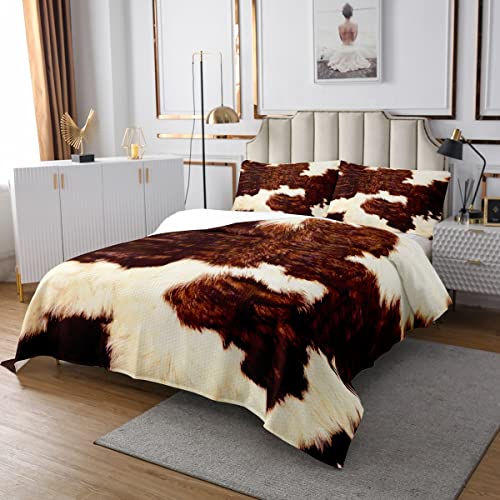 Sunnybed Rindsleder Tagesdecke Braun Wildfell Haar Tagesdecke 240X260 für Jungen Mädchen Mann,Bull Rinderhaut Gesteppte Neuheit Kuhfleck Wildtierhaut Steppdecke Bauernhaus Cowboys Schlafzimmer Dekor von Sunnybed