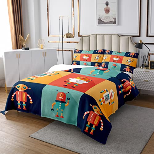 Sunnybed Roboter Tagesdecke Set 170x210, Weltraum Roboter Dekor Tagesdecke für Jungen Kinderzimmer, Patchwork Transformator Futuristische Maschinendecke Bunte Cartoon Retro Tagesdecke 1 Kissenbezug von Sunnybed