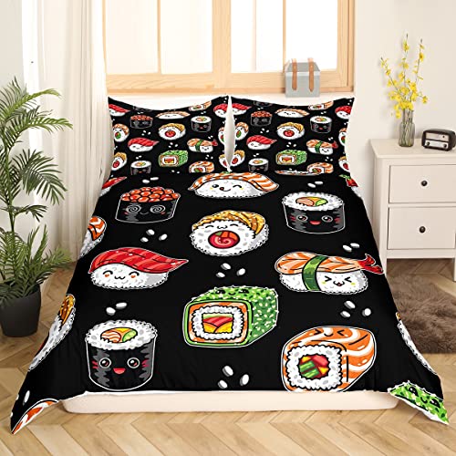 Sushi Muster Bettbezug 155X220 Japanischer Stil Bettwäsche Set für Kinder Jungen Mädchen Süßer Sushi Bettbezug Japanische Küche Cartoon Dekor Trösterbezug mit 1 Kissenbezug Schlafzimmerkollektion von Sunnybed