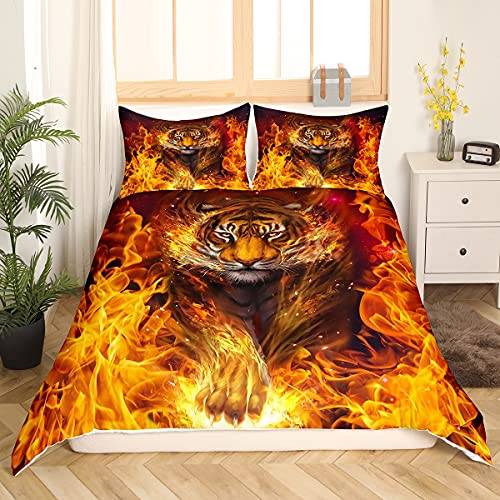 Sunnybed Tiger Bettwäsche Set 135X200 Big Cat Wildlife Bettbezug Set für Kinder Kind, Afrikanische Safaritiere Tröster Bezug Set Flammendes Feuer Bettbezug Neuheit Schlafzimmer Dekor von Sunnybed