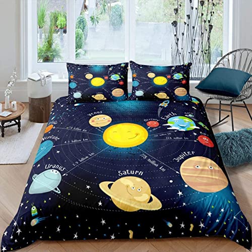 Sunnybed Weltraum Bettbezug Sternenhimmel Bettbezug 135x200 für Kinder Jungen Mädchen Zimmer Galaxy Planet Space Bettwäsche Set Kinder Cartoon Stil Blaue Tagesdecke Leichtes Dekor von Sunnybed