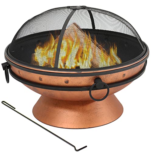 Sunnydaze Große Feuerstelle für den Außenbereich, 76,2 cm, Kupfer-Finish, runde Holzverbrennung, Terrasse, Feuerschale mit tragbaren Griffen und Funkenschutz von Sunnydaze