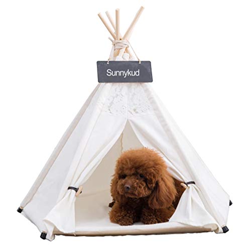 Sunnykud Tipi Zelt für Haustiere Hundezelt Katzenzelt Haustierzelte Häuser mit Kissen Abnehmbar und Waschbar Haustierbett Wegklappen Haustier Hundebett Katzenbett (L:60x60x70cm, Halbe Spitze) von Sunnykud