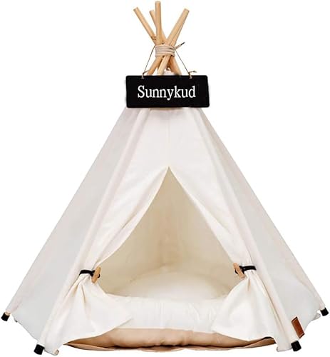 Sunnykud Tipi Zelt für Haustiere Hundezelt Katzenzelt Haustierzelte Häuser mit Kissen Abnehmbar und Waschbar Haustierbett Wegklappen Haustier Hundebett Katzenbett (S:40x40x50cm, weiß) von Sunnykud