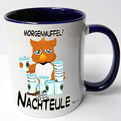 AUSWAHL Tasse Sunny die Eule owl mug Spruch Motive Fun Geschenk Keramik, Original Sunnywall® Geschenkidee (74-tas-blau Nachteule Morgenmuffel) von Sunnywall