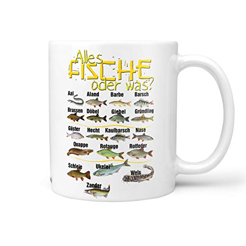 Sunnywall Angler Angel Fischer Premium Geschenk Tasse Keramik, Original Geschenkidee (18-Tasse Alle Fische weiß) von Sunnywall