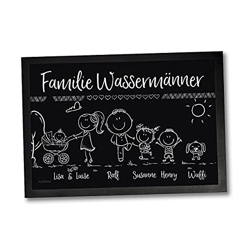 Fußmatte - Willkommen Familie - Kinder, Eltern, Oma, Opa, Hund + Katze Personalisiert mit Strichmännchen und Wunschname (60 x 40 cm Gr2) von Sunnywall