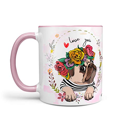 Kaffeetasse Tasse Teetasse Mops pug mit Blumenkranz von Sunnywall