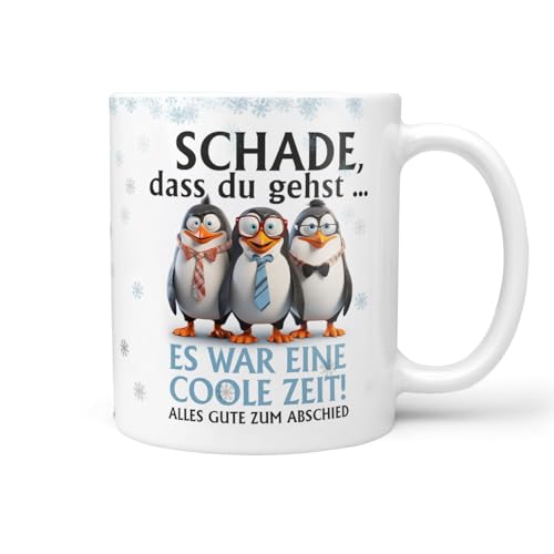 Keramiktasse Kaffeetasse | Pinguin | Schade dass du gehst coole Zeit | Tasse mit Spruch | Geschenk zum Abschiedsgeschenk | Kollege | Keramik 330ml (Schade dass du gehst weiss) von Sunnywall