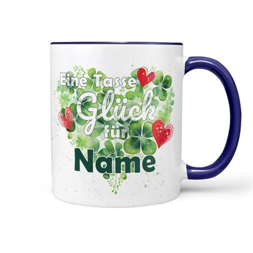 Keramiktasse Kaffeetasse | Spruch | Glückstasse | Tasse Glück mit Wunschname | Geschenkidee für Freunde selbst Gestalten | Glücksbringer Kleeblatt | Blau Keramik 330ml von Sunnywall