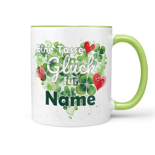 Keramiktasse Kaffeetasse | Spruch | Glückstasse | Tasse Glück mit Wunschname | Geschenkidee für Freunde selbst Gestalten | Glücksbringer Kleeblatt | Lindgrün Keramik 330ml von Sunnywall