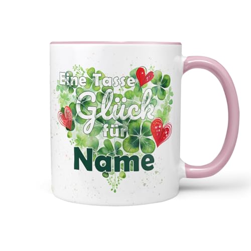 Keramiktasse Kaffeetasse | Spruch | Glückstasse | Tasse Glück mit Wunschname | Geschenkidee für Freunde selbst Gestalten | Glücksbringer Kleeblatt | Rosa Keramik 330ml von Sunnywall