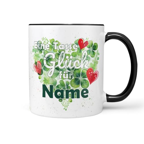 Keramiktasse Kaffeetasse | Spruch | Glückstasse | Tasse Glück mit Wunschname | Geschenkidee für Freunde selbst Gestalten | Glücksbringer Kleeblatt | Schwarz Keramik 330ml von Sunnywall