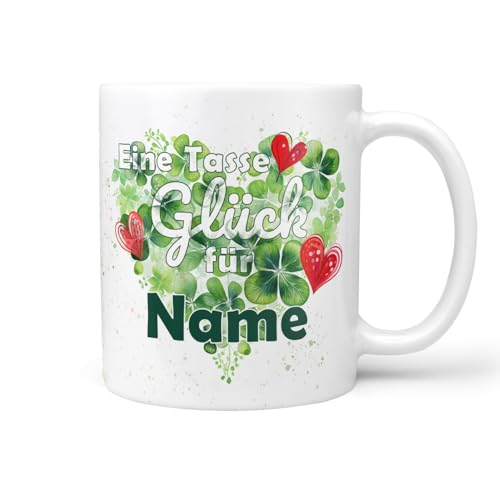 Keramiktasse Kaffeetasse | Spruch | Glückstasse | Tasse Glück mit Wunschname | Geschenkidee für Freunde selbst Gestalten | Glücksbringer Kleeblatt | Weiss Keramik 330ml von Sunnywall